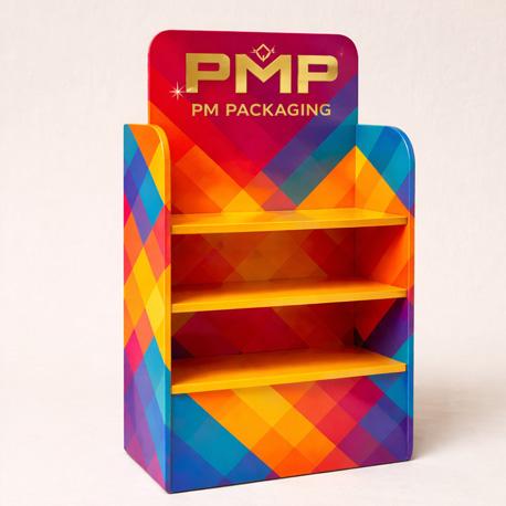 Close-up of a PDQ counter display with reinforced walls and header