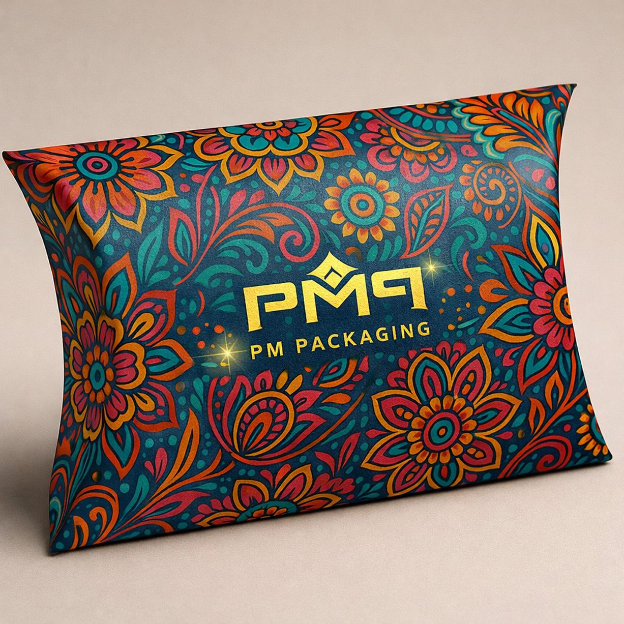 Close‑up of pillow box tuck ends and curved score lines