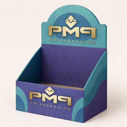 Close-up of PDQ counter display with header and die-cut front lip