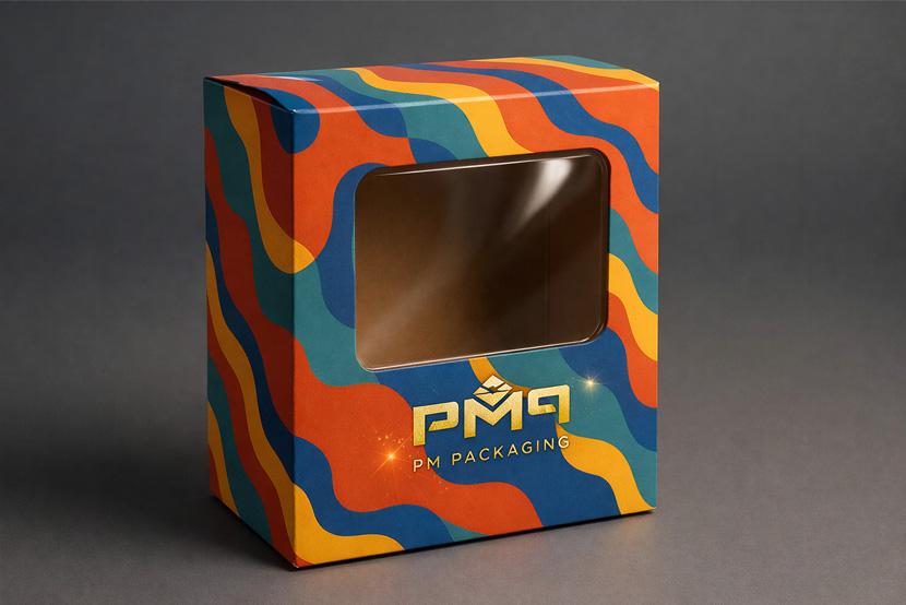 Window carton with a clear film patch highlighting the product inside