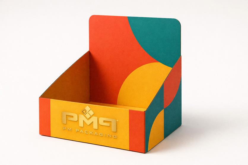 Branded retail display tray showcasing products on shelf