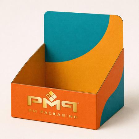 Close-up of a display tray with die-cut front lip and reinforced corners