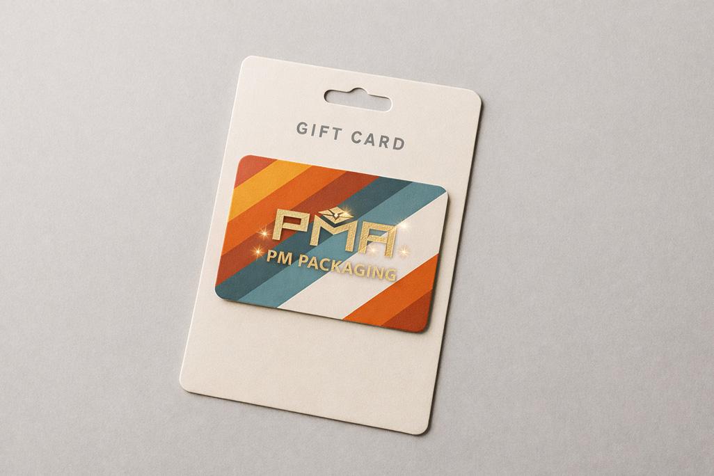 Rigid gift card holder with ribbon closure and branded print